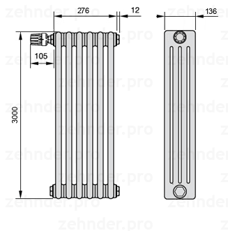 Схема (чертеж) Радиатор Zehnder Charleston 4300/6 №V012 Белый глянцевый RAL 9016